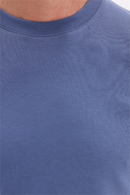 Unisex Regular Fit Rahat Kesim %100 Pamuk Bisiklet Yaka İndigo Tişört