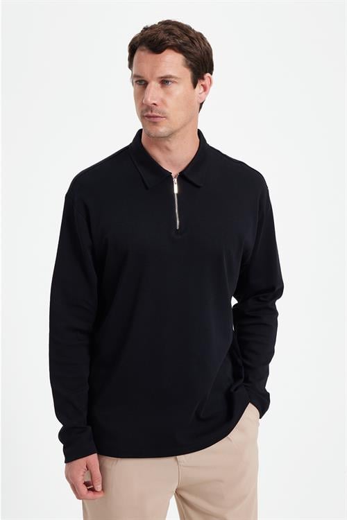 Erkek Relax Fit Rahat Kesim %100 Pamuk Yarım Fermuarlı Polo Yaka İnterlok Siyah Sweatshirt