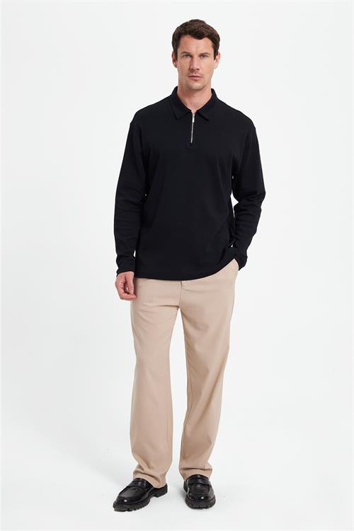 Erkek Relax Fit Rahat Kesim %100 Pamuk Yarım Fermuarlı Polo Yaka İnterlok Siyah Sweatshirt