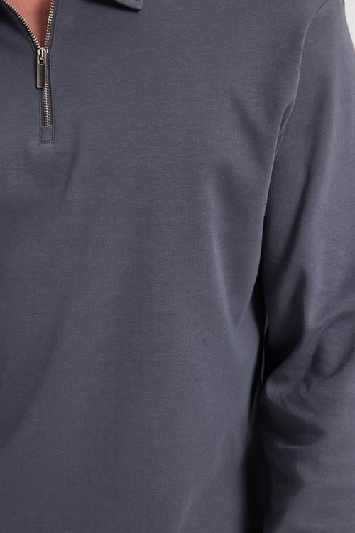 Erkek Relax Fit Rahat Kesim %100 Pamuk Yarım Fermuarlı Polo Yaka İnterlok Antrasit Sweatshirt