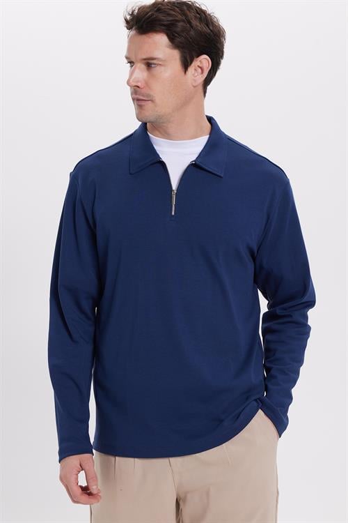 Erkek Relax Fit Rahat Kesim %100 Pamuk Yarım Fermuarlı Polo Yaka İnterlok Lacivert Sweatshirt