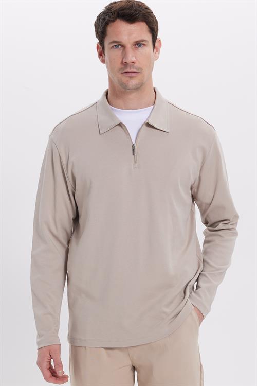 Erkek Relax Fit Rahat Kesim %100 Pamuk Yarım Fermuarlı Polo Yaka İnterlok Taş Sweatshirt