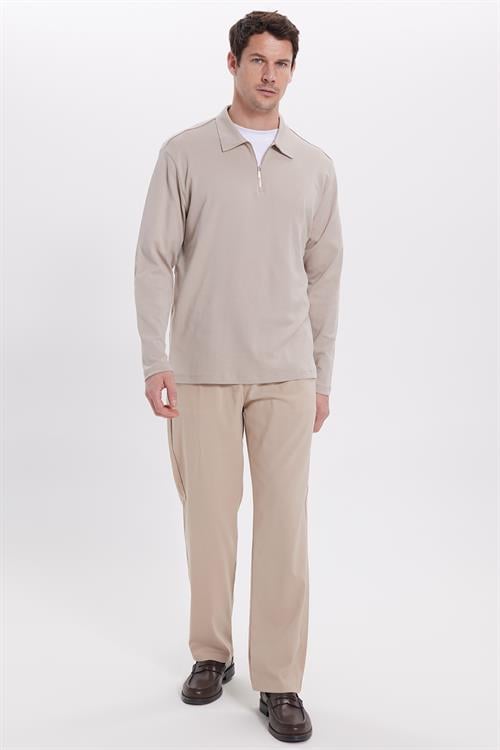Erkek Relax Fit Rahat Kesim %100 Pamuk Yarım Fermuarlı Polo Yaka İnterlok Taş Sweatshirt