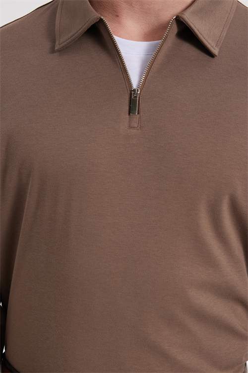 Erkek Relax Fit Rahat Kesim %100 Pamuk Yarım Fermuarlı Polo Yaka İnterlok Koyu Vizon Sweatshirt