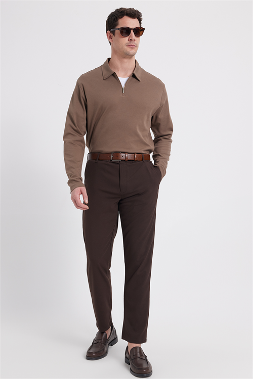 Erkek Relax Fit Rahat Kesim %100 Pamuk Yarım Fermuarlı Polo Yaka İnterlok Koyu Vizon Sweatshirt