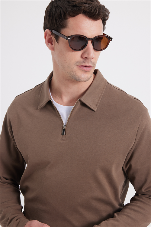 Erkek Relax Fit Rahat Kesim %100 Pamuk Yarım Fermuarlı Polo Yaka İnterlok Koyu Vizon Sweatshirt