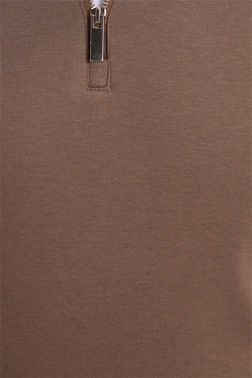 Erkek Relax Fit Rahat Kesim %100 Pamuk Yarım Fermuarlı Polo Yaka İnterlok Koyu Vizon Sweatshirt