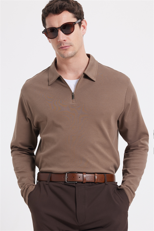 Erkek Relax Fit Rahat Kesim %100 Pamuk Yarım Fermuarlı Polo Yaka İnterlok Koyu Vizon Sweatshirt