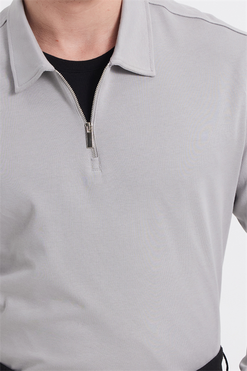 Erkek Relax Fit Rahat Kesim %100 Pamuk Yarım Fermuarlı Polo Yaka İnterlok Gri Sweatshirt