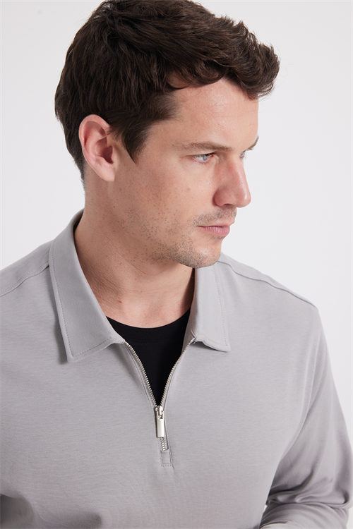 Erkek Relax Fit Rahat Kesim %100 Pamuk Yarım Fermuarlı Polo Yaka İnterlok Gri Sweatshirt