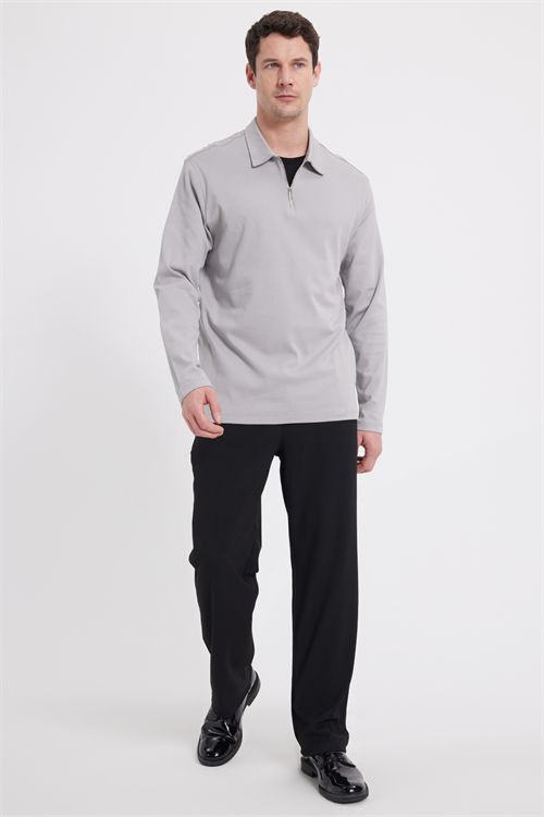 Erkek Relax Fit Rahat Kesim %100 Pamuk Yarım Fermuarlı Polo Yaka İnterlok Gri Sweatshirt