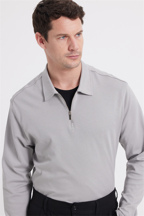 Erkek Relax Fit Rahat Kesim %100 Pamuk Yarım Fermuarlı Polo Yaka İnterlok Gri Sweatshirt