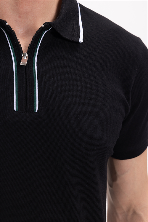 Erkek Slim Fit Dar Kesim %100 Pamuk Kısa Kollu Yarım Fermuarlı Siyah Polo Yaka Tişört