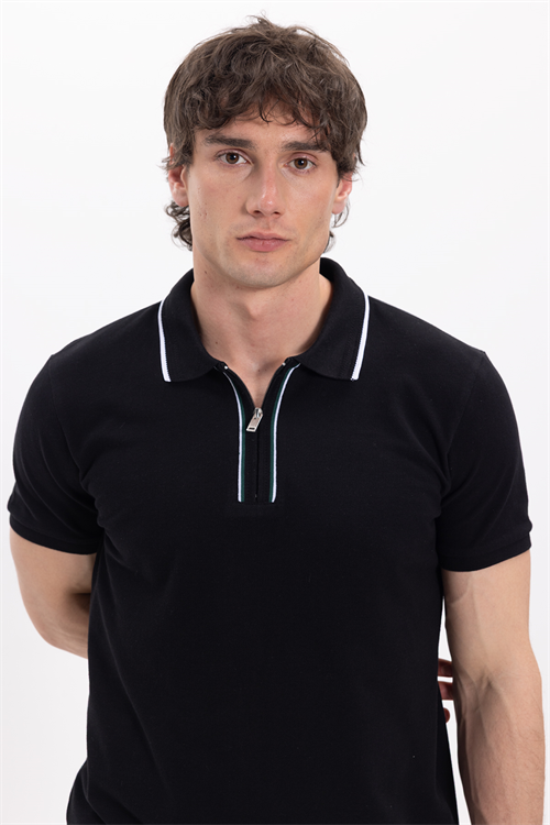 Erkek Slim Fit Dar Kesim %100 Pamuk Kısa Kollu Yarım Fermuarlı Siyah Polo Yaka Tişört