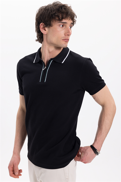 Erkek Slim Fit Dar Kesim %100 Pamuk Kısa Kollu Yarım Fermuarlı Siyah Polo Yaka Tişört