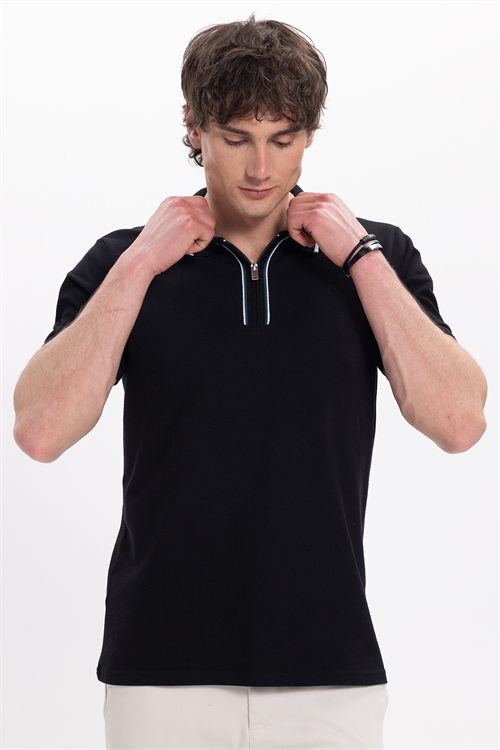 Erkek Slim Fit Dar Kesim %100 Pamuk Kısa Kollu Yarım Fermuarlı Siyah Polo Yaka Tişört