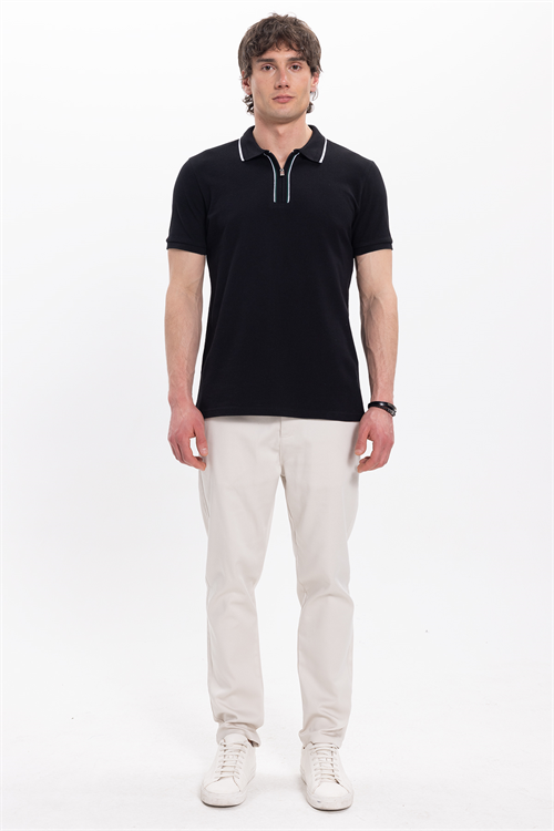 Erkek Slim Fit Dar Kesim %100 Pamuk Kısa Kollu Yarım Fermuarlı Siyah Polo Yaka Tişört