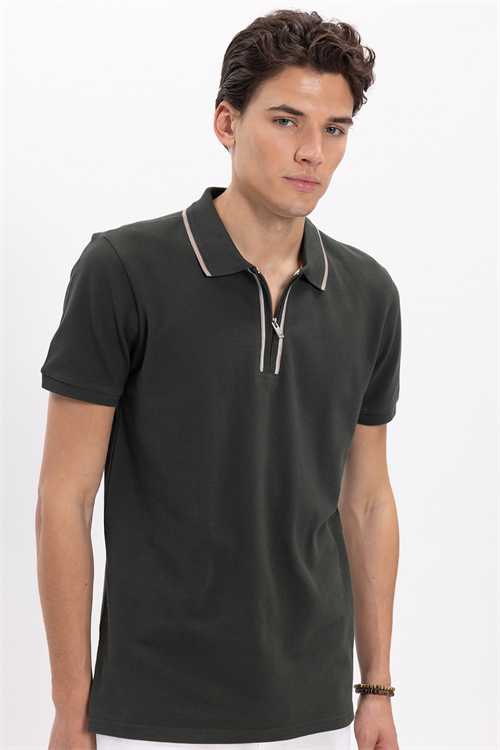 Erkek Slim Fit Dar Kesim %100 Pamuk Kısa Kollu Yarım Fermuarlı Yeşil Polo Yaka Tişört
