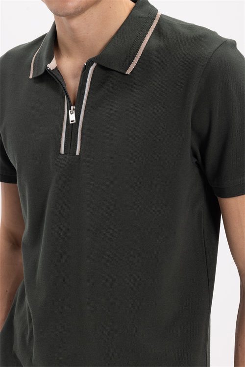 Erkek Slim Fit Dar Kesim %100 Pamuk Kısa Kollu Yarım Fermuarlı Yeşil Polo Yaka Tişört