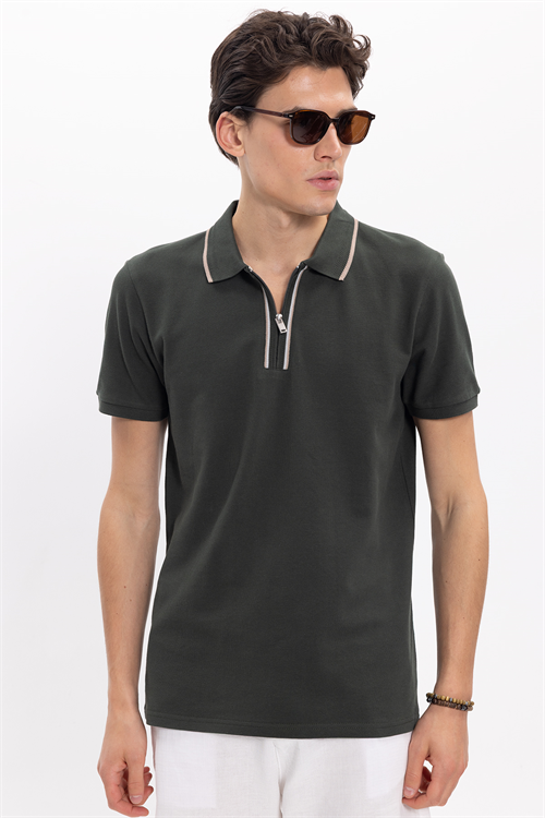 Erkek Slim Fit Dar Kesim %100 Pamuk Kısa Kollu Yarım Fermuarlı Yeşil Polo Yaka Tişört