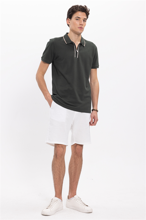 Erkek Slim Fit Dar Kesim %100 Pamuk Kısa Kollu Yarım Fermuarlı Yeşil Polo Yaka Tişört