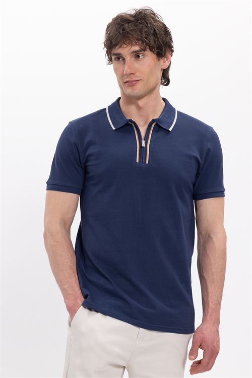 Erkek Slim Fit Dar Kesim %100 Pamuk Kısa Kollu Yarım Fermuarlı Lacivert Polo Yaka Tişört