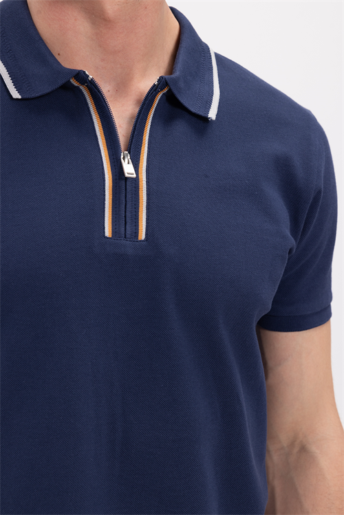 Erkek Slim Fit Dar Kesim %100 Pamuk Kısa Kollu Yarım Fermuarlı Lacivert Polo Yaka Tişört