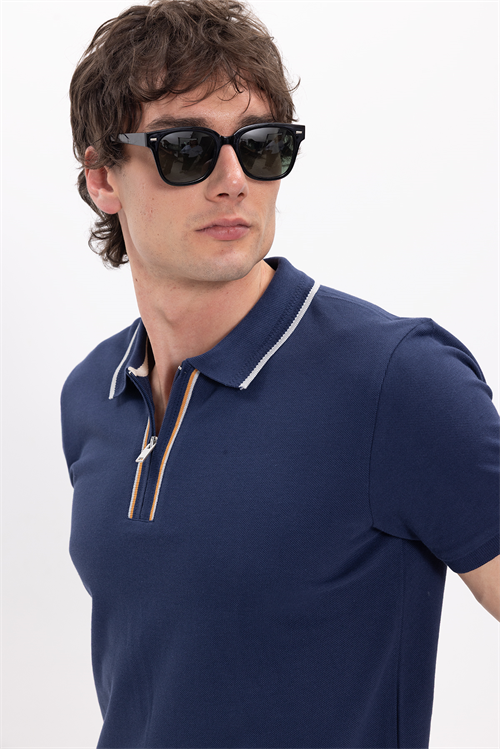 Erkek Slim Fit Dar Kesim %100 Pamuk Kısa Kollu Yarım Fermuarlı Lacivert Polo Yaka Tişört
