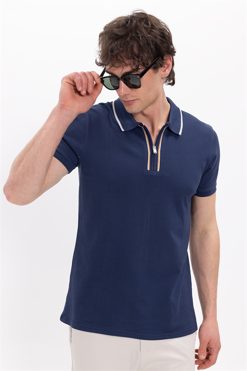 Erkek Slim Fit Dar Kesim %100 Pamuk Kısa Kollu Yarım Fermuarlı Lacivert Polo Yaka Tişört