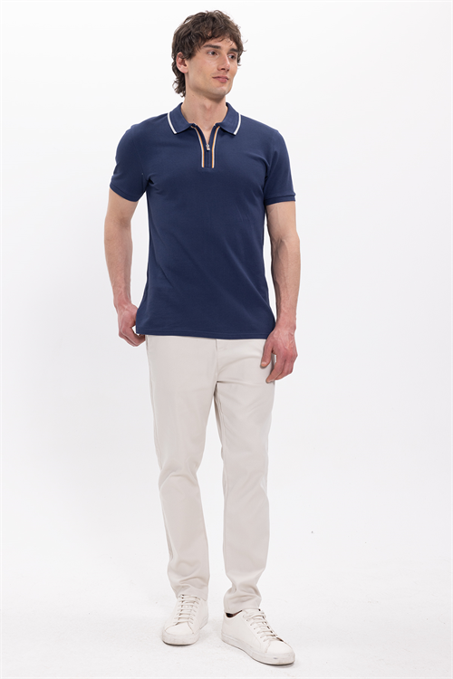 Erkek Slim Fit Dar Kesim %100 Pamuk Kısa Kollu Yarım Fermuarlı Lacivert Polo Yaka Tişört