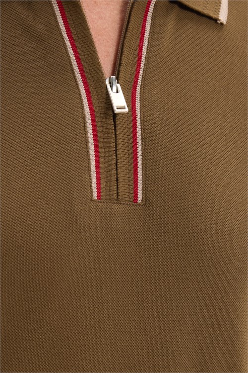 Erkek Slim Fit Dar Kesim %100 Pamuk Kısa Kollu Yarım Fermuarlı Vizon Polo Yaka Tişört