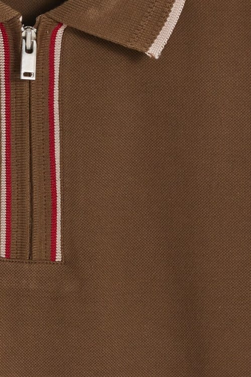 Erkek Slim Fit Dar Kesim %100 Pamuk Kısa Kollu Yarım Fermuarlı Vizon Polo Yaka Tişört