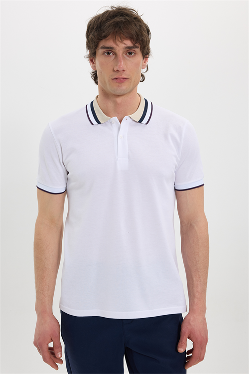 Erkek Slim Fit Dar Kesim %100 Pamuk Beyaz Polo Yaka Tişört