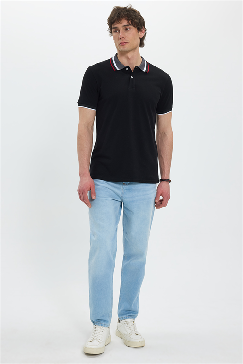 Erkek Slim Fit Dar Kesim %100 Pamuk Siyah Polo Yaka Tişört