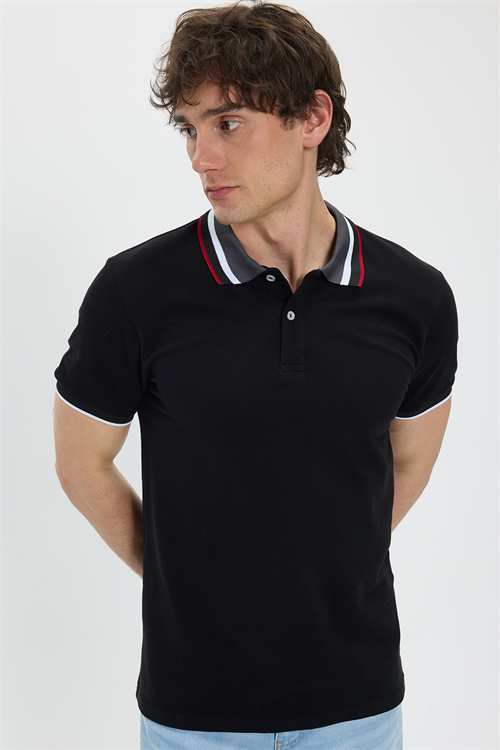 Erkek Slim Fit Dar Kesim %100 Pamuk Siyah Polo Yaka Tişört