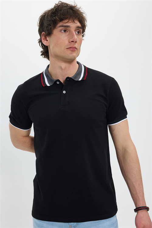 Erkek Slim Fit Dar Kesim %100 Pamuk Siyah Polo Yaka Tişört