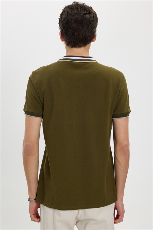 Erkek Slim Fit Dar Kesim %100 Pamuk Haki Polo Yaka Tişört