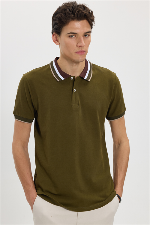 Erkek Slim Fit Dar Kesim %100 Pamuk Haki Polo Yaka Tişört