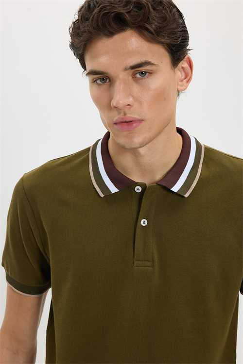 Erkek Slim Fit Dar Kesim %100 Pamuk Haki Polo Yaka Tişört