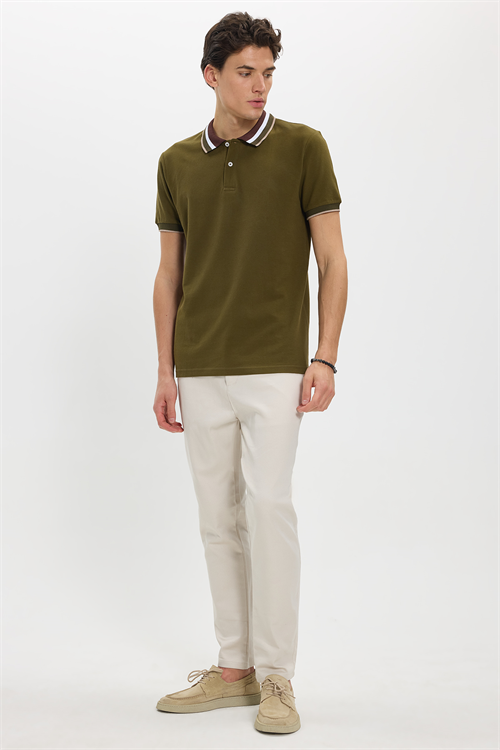 Erkek Slim Fit Dar Kesim %100 Pamuk Haki Polo Yaka Tişört