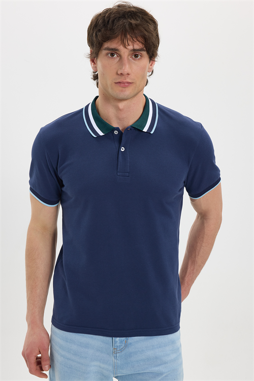 Erkek Slim Fit Dar Kesim %100 Pamuk Lacivert Polo Yaka Tişört