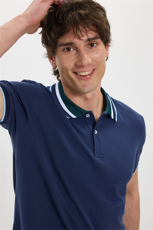 Erkek Slim Fit Dar Kesim %100 Pamuk Lacivert Polo Yaka Tişört