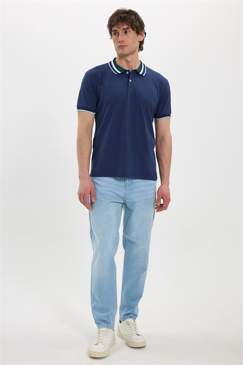 Erkek Slim Fit Dar Kesim %100 Pamuk Lacivert Polo Yaka Tişört