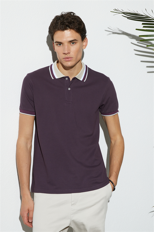 Erkek Slim Fit Dar Kesim %100 Pamuk Eflatun Polo Yaka Tişört