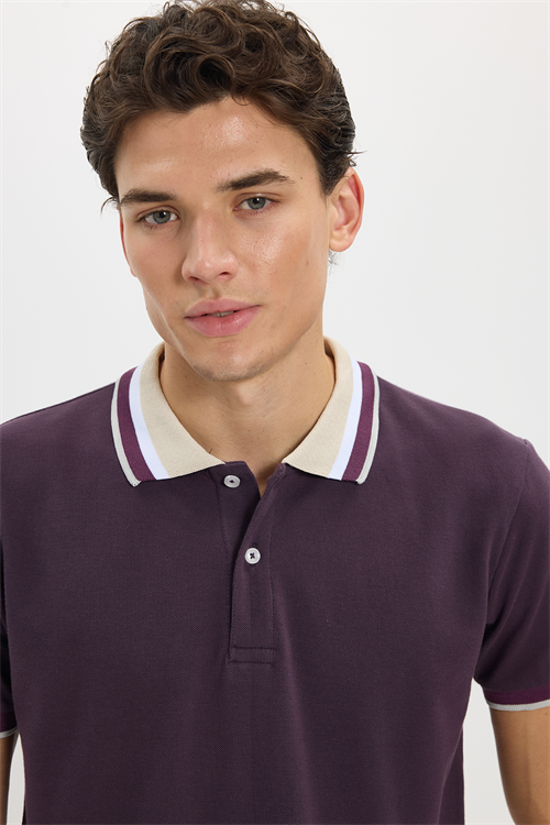 Erkek Slim Fit Dar Kesim %100 Pamuk Eflatun Polo Yaka Tişört