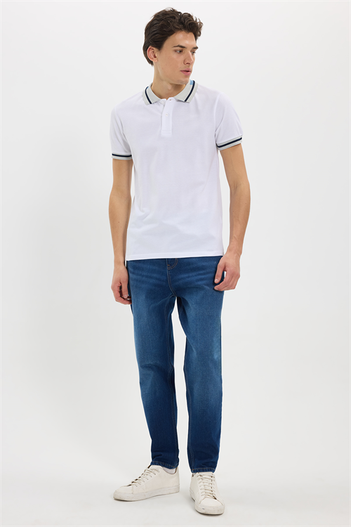 Erkek Slim Fit Dar Kesim %100 Pamuk Düz Pike Yaka ve Kol Detaylı Beyaz Polo Yaka Tişört