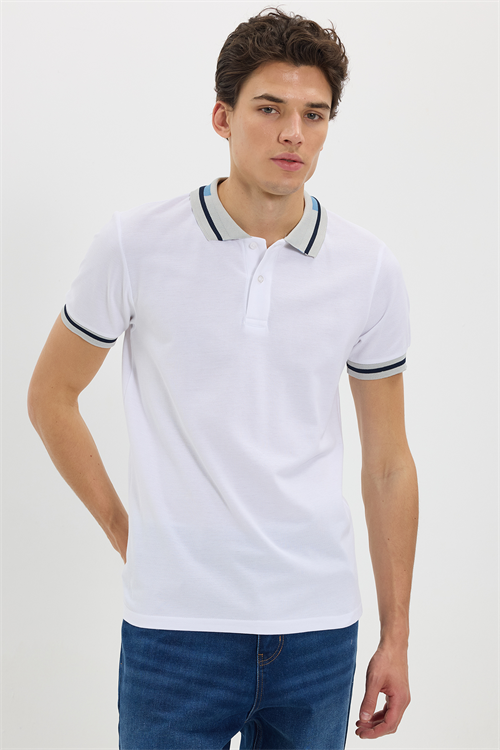 Erkek Slim Fit Dar Kesim %100 Pamuk Düz Pike Yaka ve Kol Detaylı Beyaz Polo Yaka Tişört