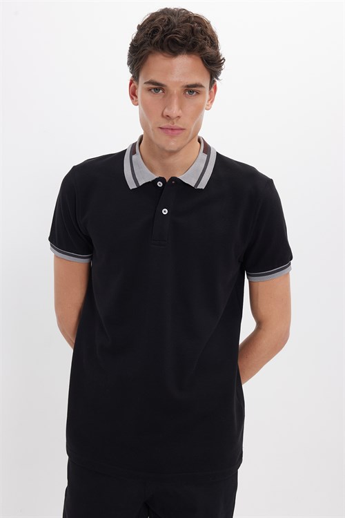 Erkek Slim Fit Dar Kesim %100 Pamuk Düz Pike Yaka ve Kol Detaylı Siyah Polo Yaka Tişört