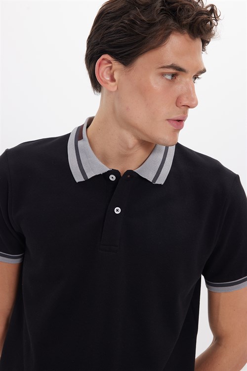 Erkek Slim Fit Dar Kesim %100 Pamuk Düz Pike Yaka ve Kol Detaylı Siyah Polo Yaka Tişört