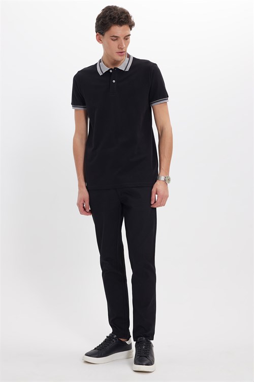 Erkek Slim Fit Dar Kesim %100 Pamuk Düz Pike Yaka ve Kol Detaylı Siyah Polo Yaka Tişört